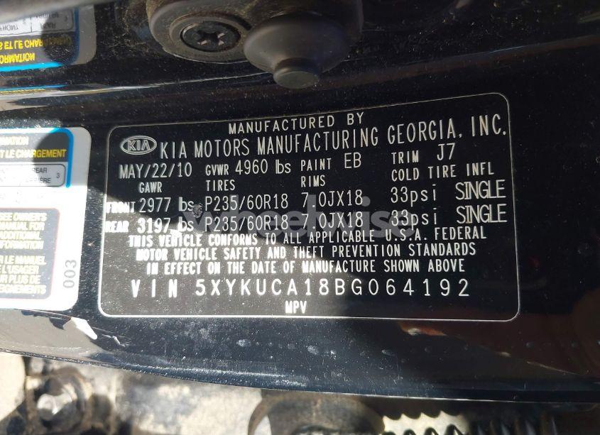 Photo 9 of 2011 Kia Sorento EX (VIN 5XYKUCA18BG064192)