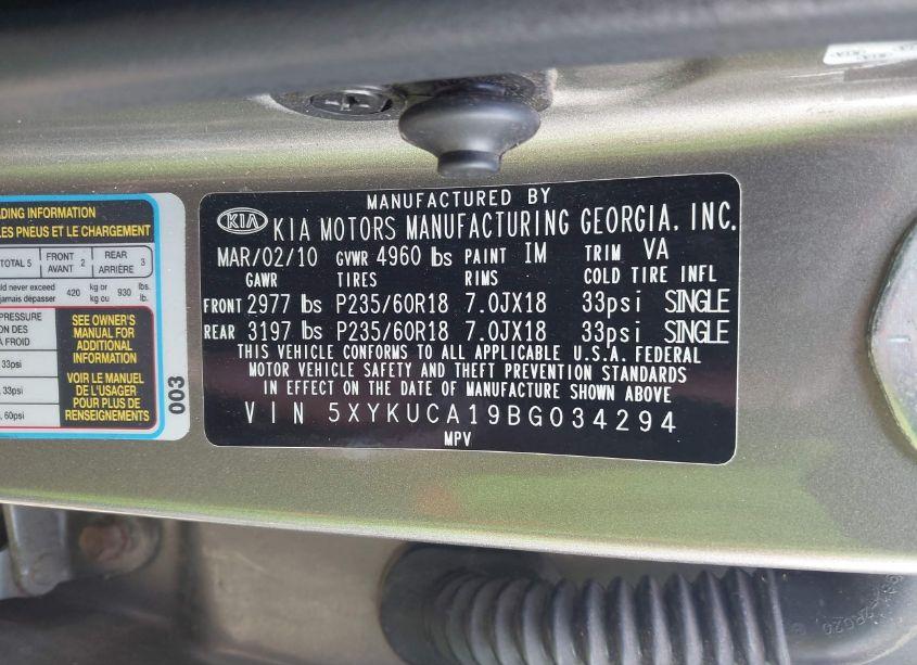 Photo 9 of 2011 Kia Sorento EX (VIN 5XYKUCA19BG034294)