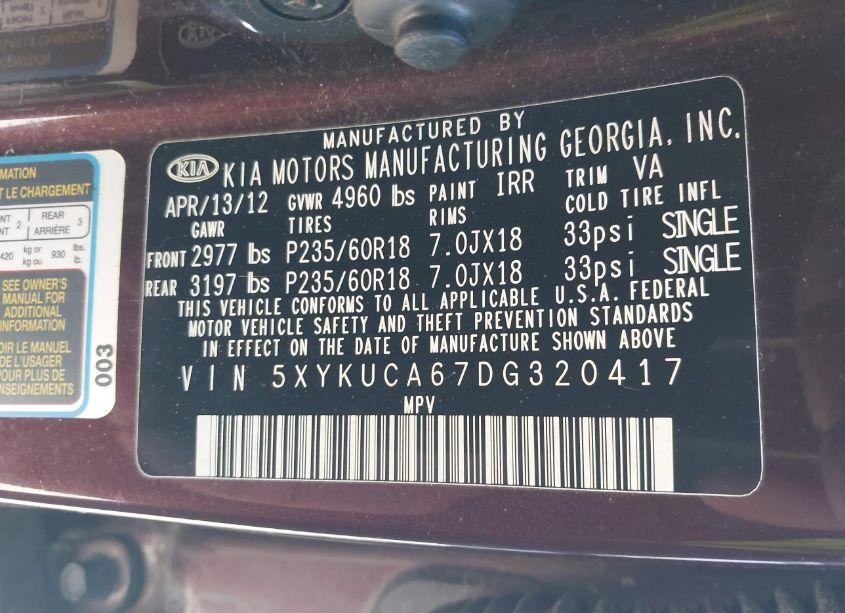 Photo 9 of 2013 Kia Sorento EX (VIN 5XYKUCA67DG320417)