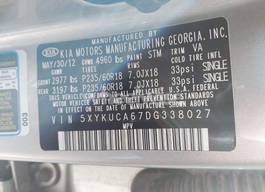 Photo 9 of 2013 Kia Sorento EX (VIN 5XYKUCA67DG338027)