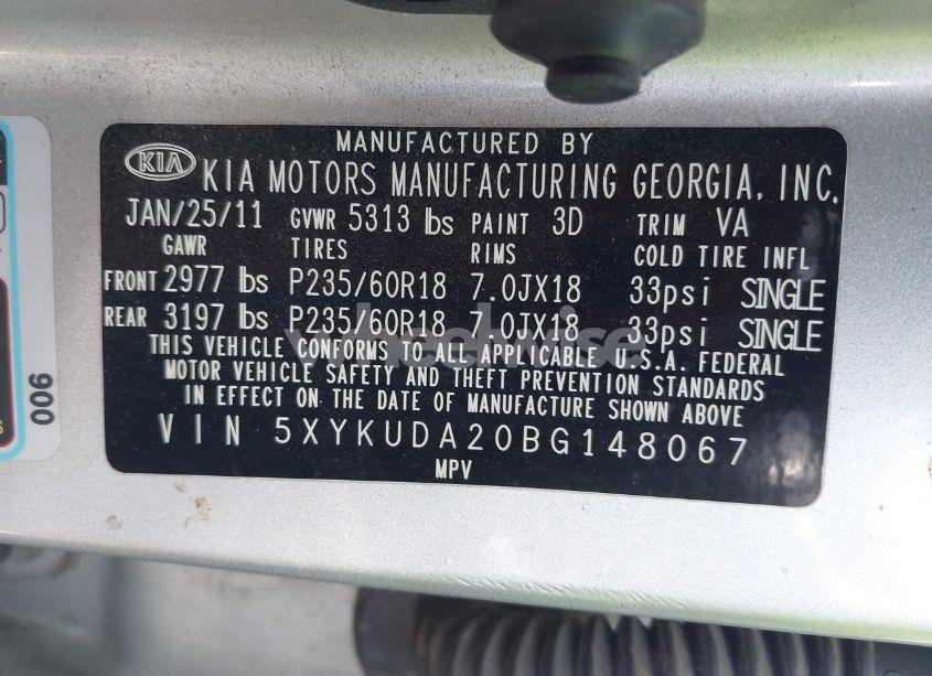 Photo 9 of 2011 Kia Sorento EX V6 (VIN 5XYKUDA20BG148067)