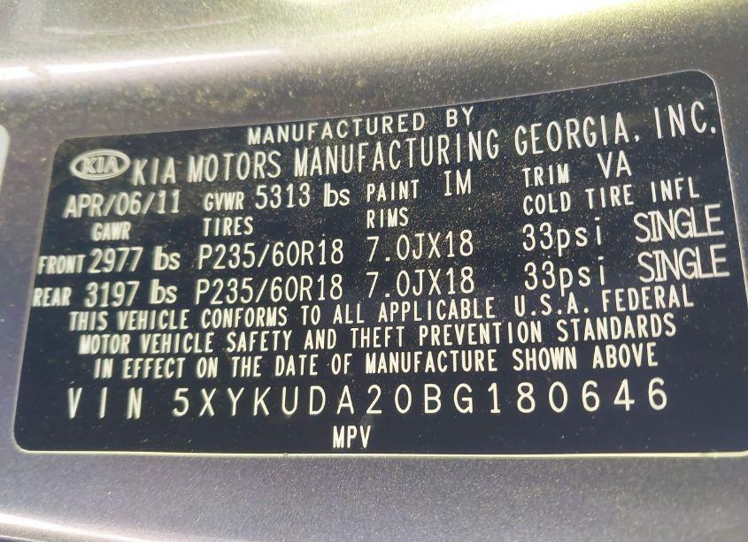 Photo 9 of 2011 Kia Sorento EX V6 (VIN 5XYKUDA20BG180646)