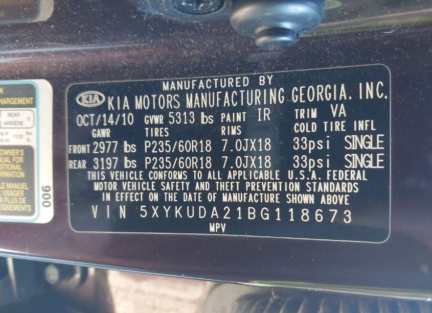 Photo 9 of 2011 Kia Sorento EX V6 (VIN 5XYKUDA21BG118673)