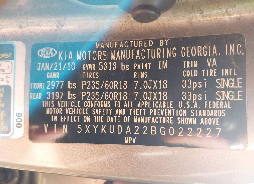 Photo 9 of 2011 Kia Sorento EX V6 (VIN 5XYKUDA22BG022227)