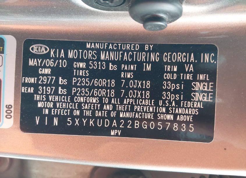 Photo 9 of 2011 Kia Sorento EX V6 (VIN 5XYKUDA22BG057835)