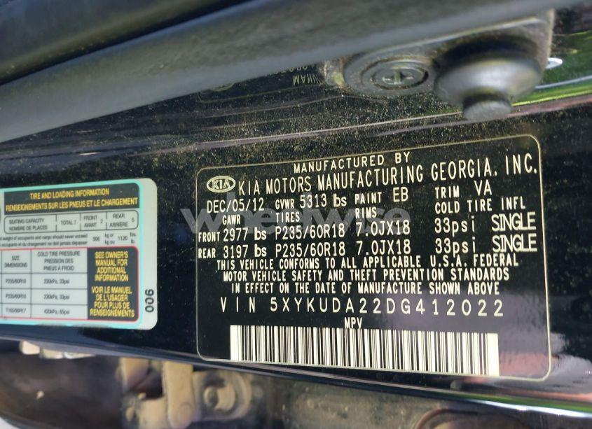 Photo 9 of 2013 Kia Sorento EX V6 (VIN 5XYKUDA22DG412022)