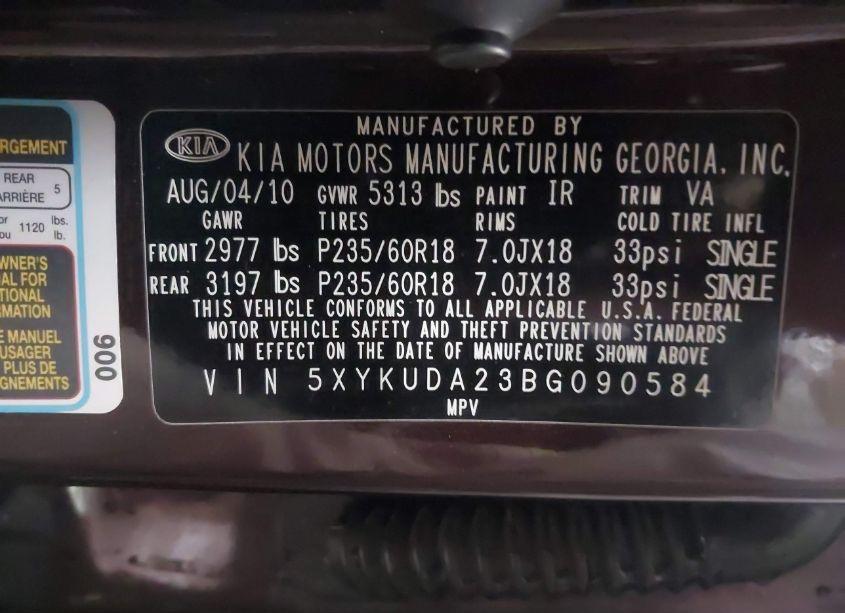 Photo 9 of 2011 Kia Sorento EX V6 (VIN 5XYKUDA23BG090584)