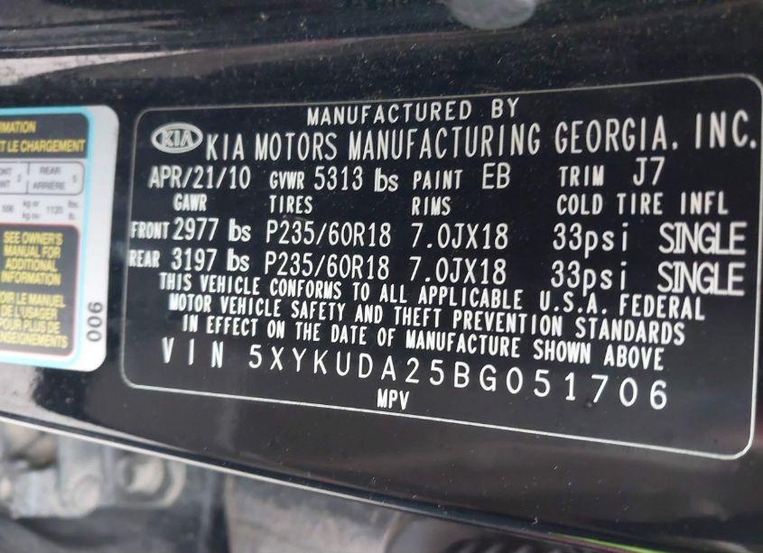 Photo 9 of 2011 Kia Sorento EX V6 (VIN 5XYKUDA25BG051706)