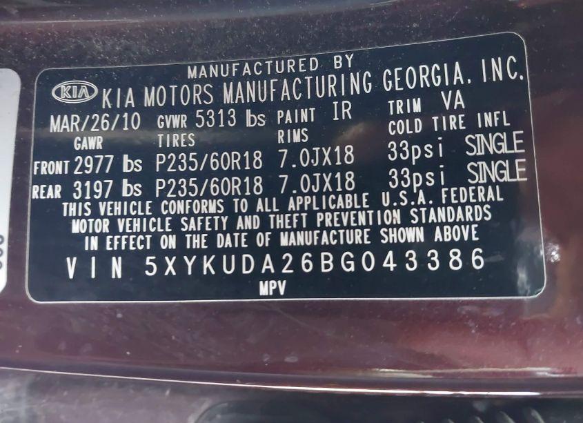 Photo 9 of 2011 Kia Sorento EX V6 (VIN 5XYKUDA26BG043386)