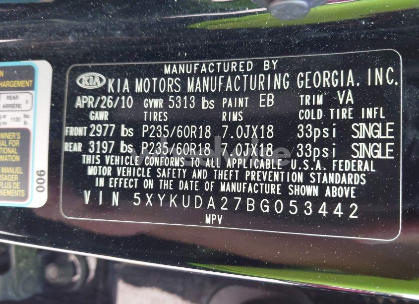 Photo 9 of 2011 Kia Sorento EX V6 (VIN 5XYKUDA27BG053442)