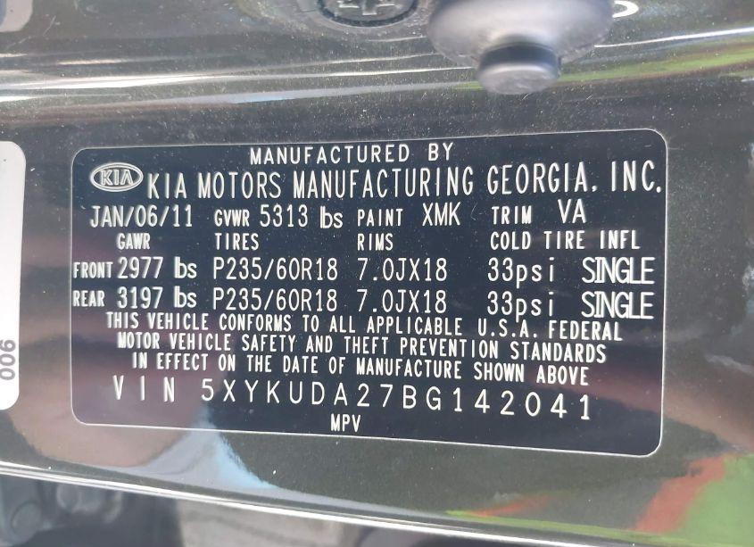 Photo 9 of 2011 Kia Sorento EX V6 (VIN 5XYKUDA27BG142041)