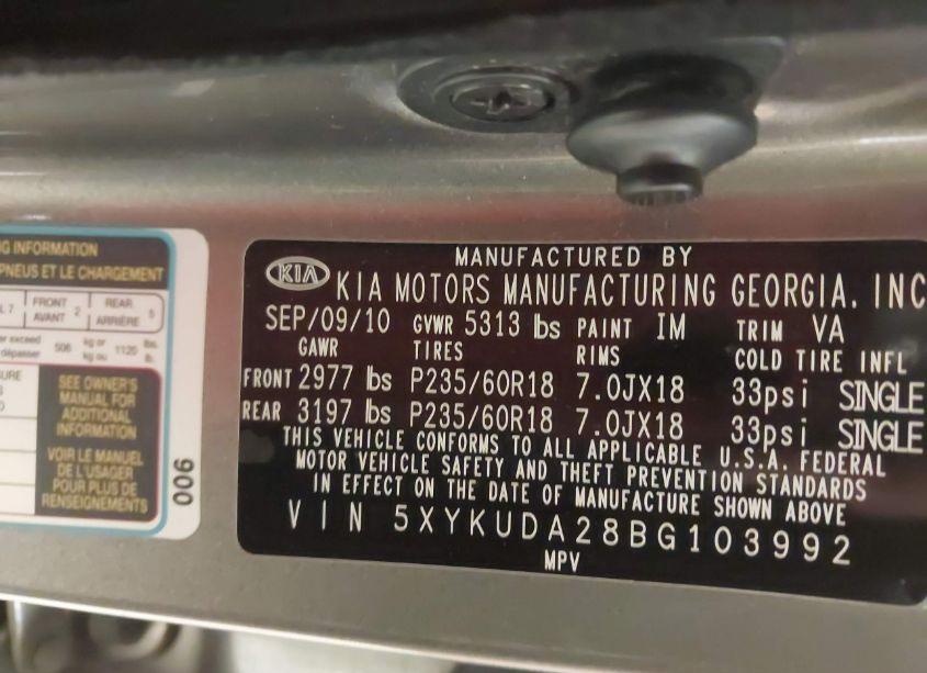Photo 9 of 2011 Kia Sorento EX V6 (VIN 5XYKUDA28BG103992)