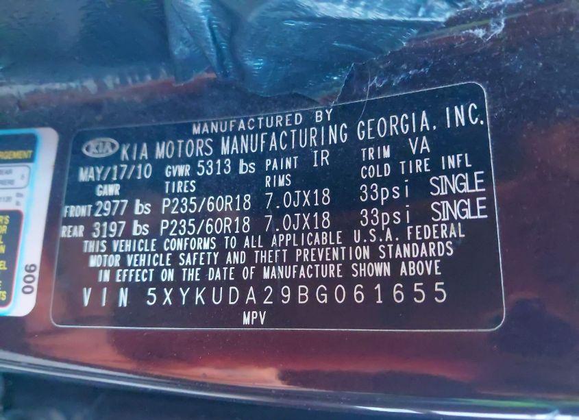 Photo 9 of 2011 Kia Sorento EX V6 (VIN 5XYKUDA29BG061655)