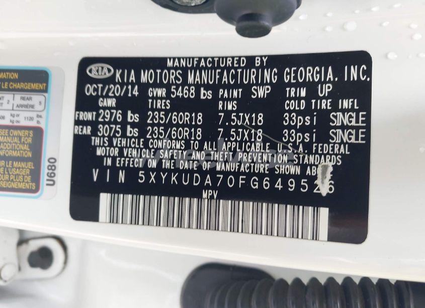 Photo 9 of 2015 Kia Sorento EX V6 (VIN 5XYKUDA70FG649526)