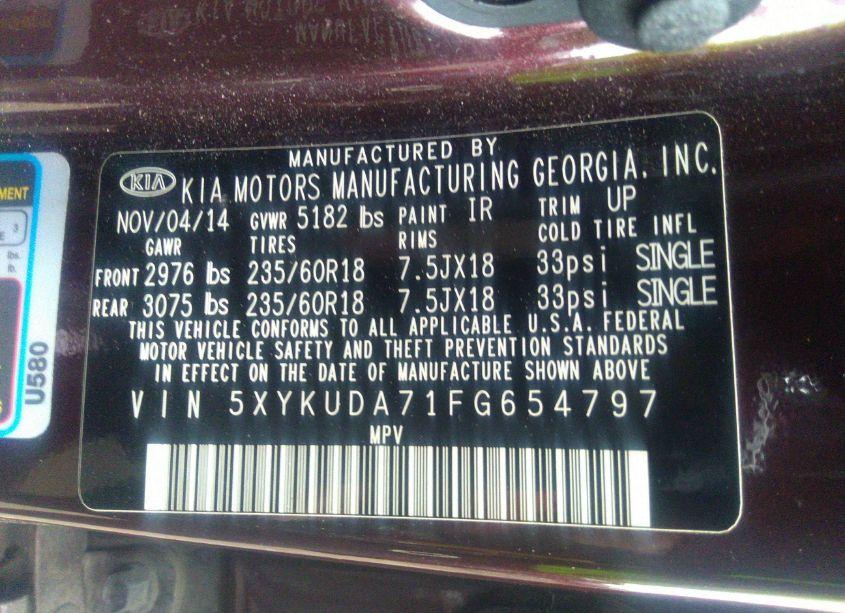 Photo 9 of 2015 Kia Sorento EX V6 (VIN 5XYKUDA71FG654797)