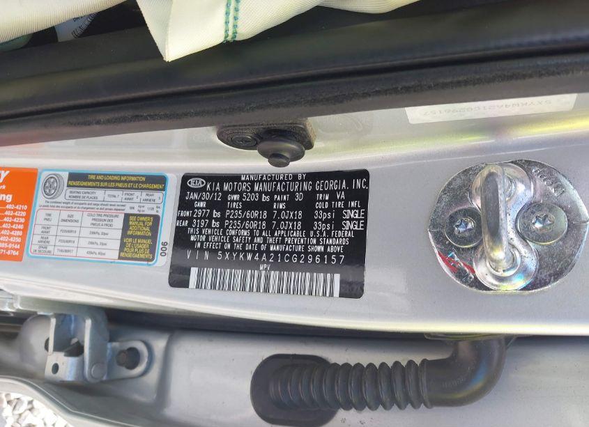 Photo 9 of 2012 Kia Sorento SX V6 (VIN 5XYKW4A21CG296157)