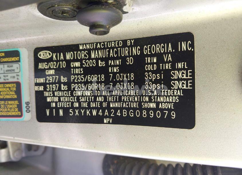 Photo 9 of 2011 Kia Sorento SX V6 (VIN 5XYKW4A24BG089079)