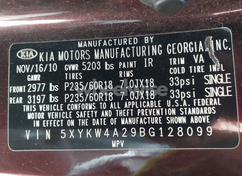 Photo 9 of 2011 Kia Sorento SX V6 (VIN 5XYKW4A29BG128099)