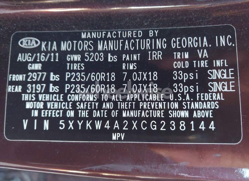 Photo 9 of 2012 Kia Sorento SX V6 (VIN 5XYKW4A2XCG238144)