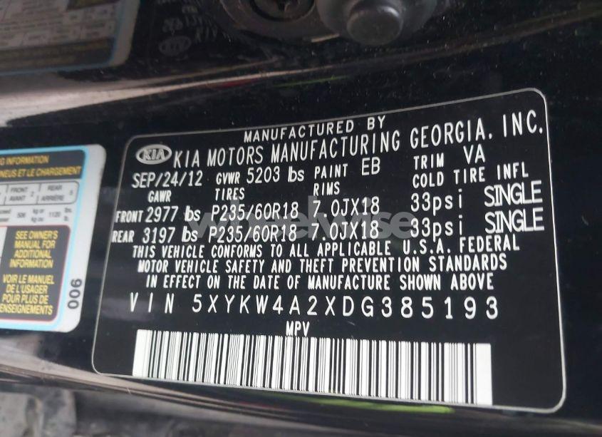 Photo 9 of 2013 Kia Sorento SX (VIN 5XYKW4A2XDG385193)