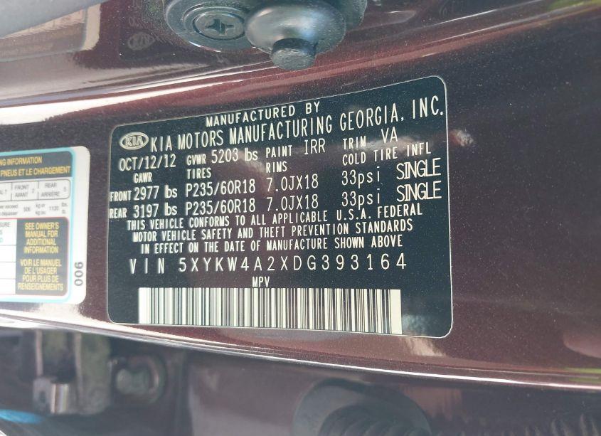 Photo 9 of 2013 Kia Sorento SX (VIN 5XYKW4A2XDG393164)