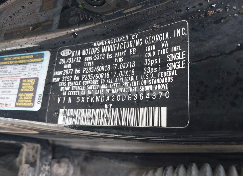 Photo 9 of 2013 Kia Sorento SX V6 (VIN 5XYKWDA20DG364370)