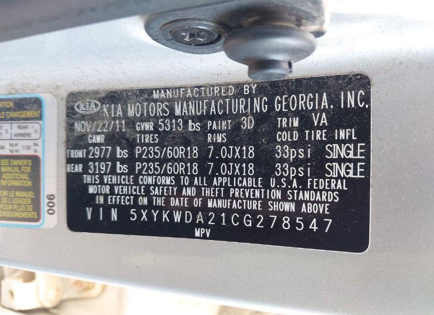 Photo 9 of 2012 Kia Sorento SX V6 (VIN 5XYKWDA21CG278547)