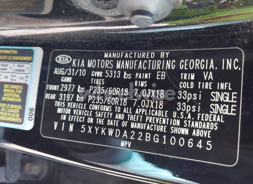 Photo 9 of 2011 Kia Sorento SX V6 (VIN 5XYKWDA22BG100645)