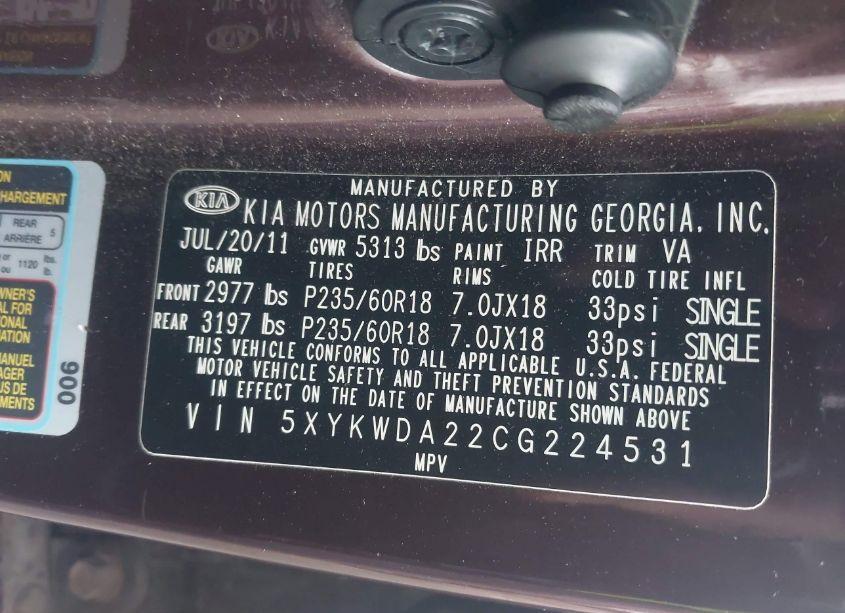 Photo 9 of 2012 Kia Sorento SX V6 (VIN 5XYKWDA22CG224531)