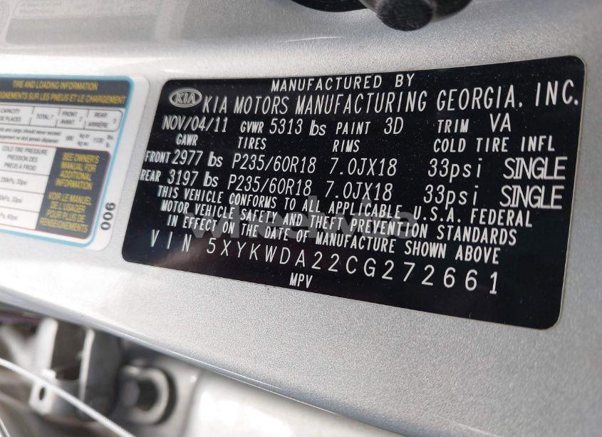 Photo 9 of 2012 Kia Sorento SX V6 (VIN 5XYKWDA22CG272661)