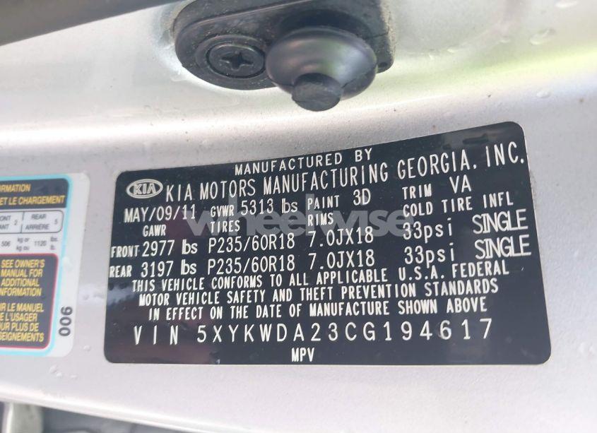 Photo 9 of 2012 Kia Sorento SX V6 (VIN 5XYKWDA23CG194617)