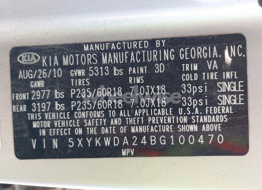 Photo 9 of 2011 Kia Sorento SX V6 (VIN 5XYKWDA24BG100470)