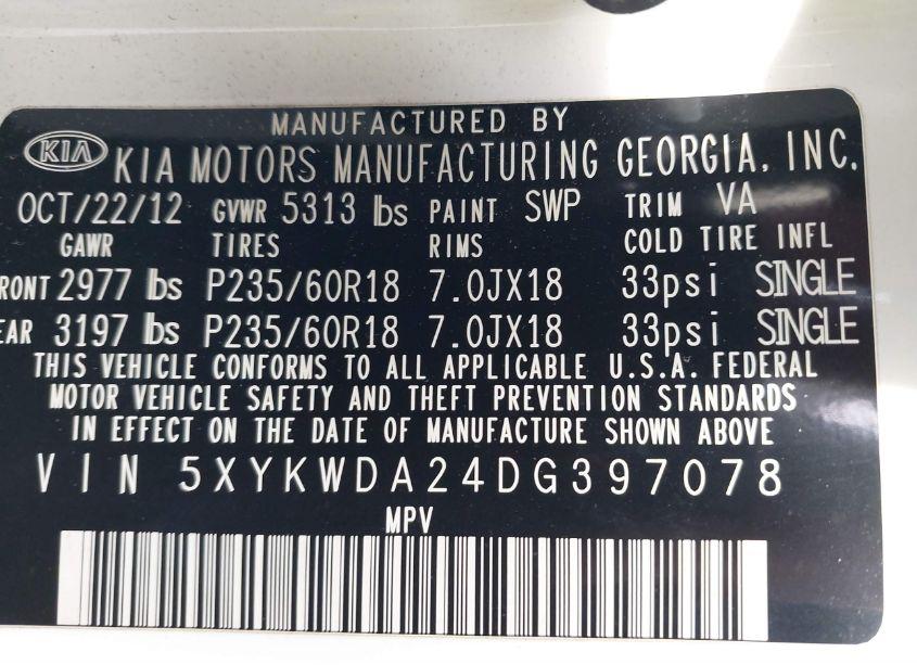 Photo 9 of 2013 Kia Sorento SX V6 (VIN 5XYKWDA24DG397078)