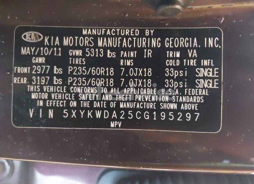 Photo 9 of 2012 Kia Sorento SX V6 (VIN 5XYKWDA25CG195297)