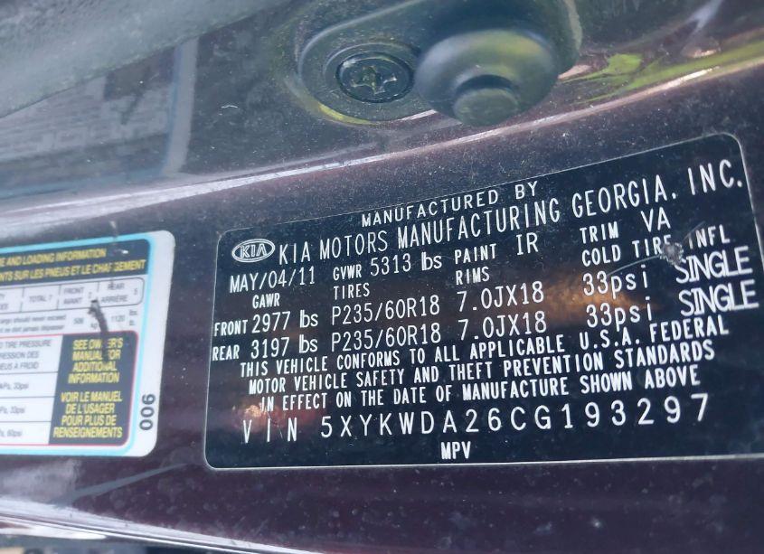 Photo 9 of 2012 Kia Sorento SX V6 (VIN 5XYKWDA26CG193297)