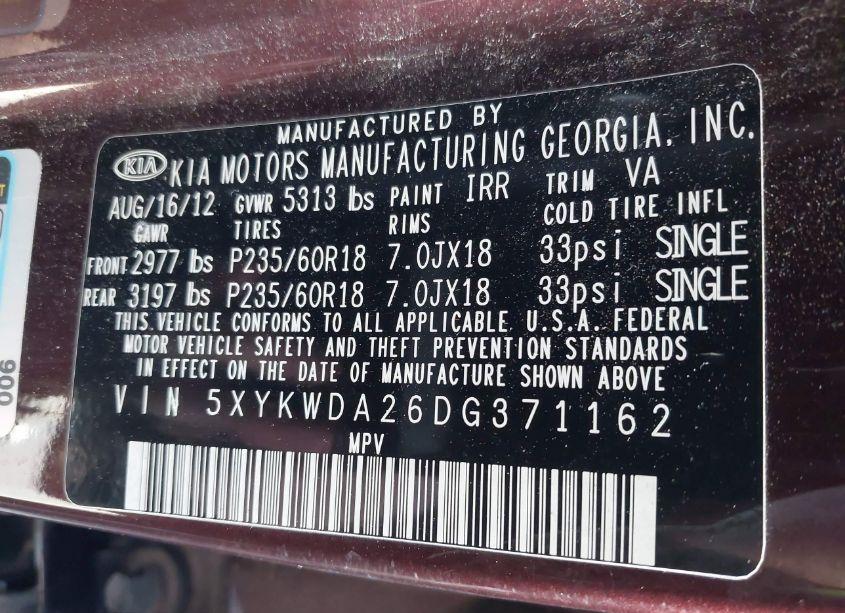 Photo 9 of 2013 Kia Sorento SX V6 (VIN 5XYKWDA26DG371162)