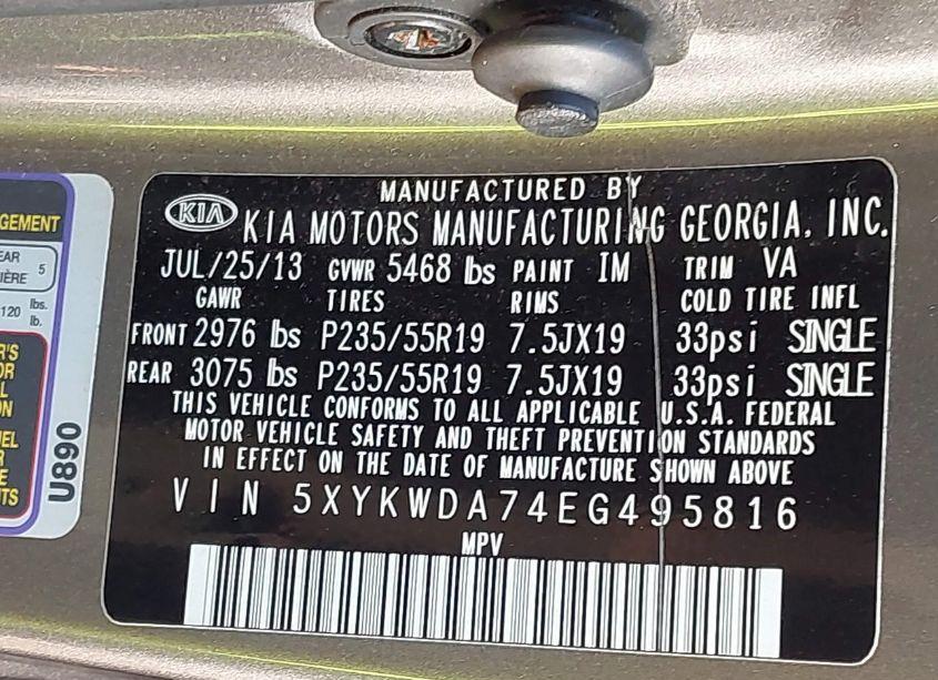 Photo 9 of 2014 Kia Sorento LIMITED V6 (VIN 5XYKWDA74EG495816)