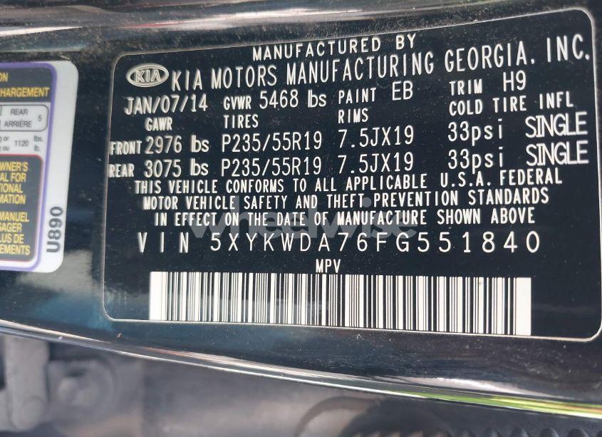 Photo 9 of 2015 Kia Sorento SX V6 (VIN 5XYKWDA76FG551840)