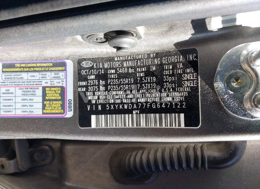 Photo 9 of 2015 Kia Sorento SX V6 (VIN 5XYKWDA77FG647122)