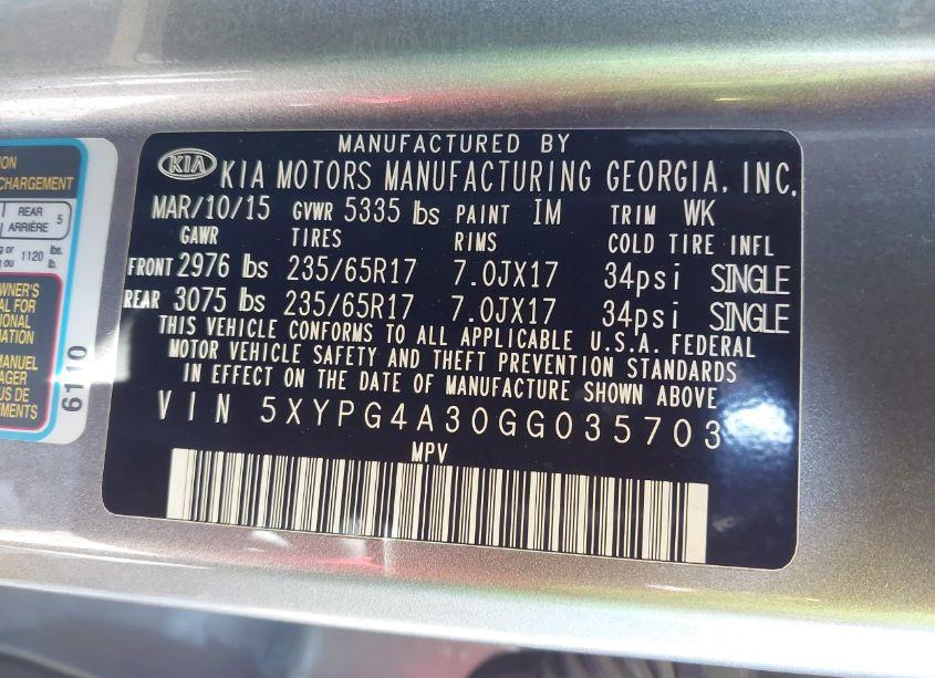 Photo 9 of 2016 Kia Sorento 2.4L LX (VIN 5XYPG4A30GG035703)