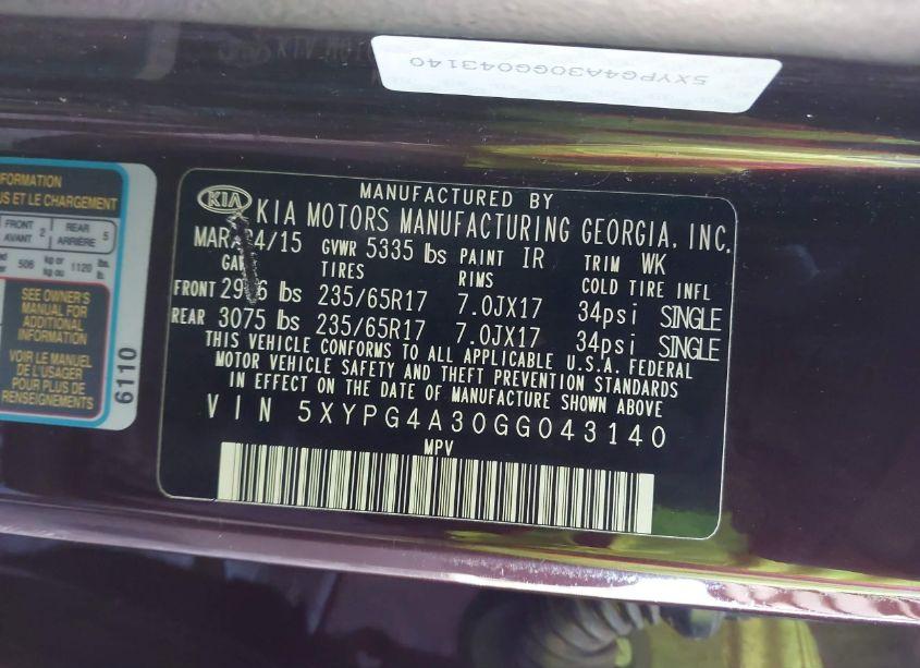 Photo 9 of 2016 Kia Sorento 2.4L LX (VIN 5XYPG4A30GG043140)