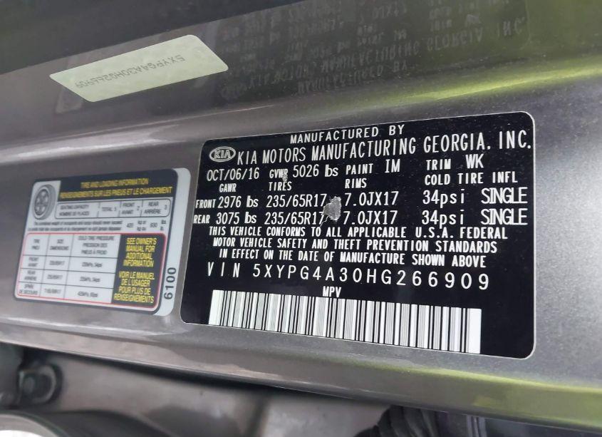 Photo 9 of 2017 Kia Sorento 2.4L LX (VIN 5XYPG4A30HG266909)