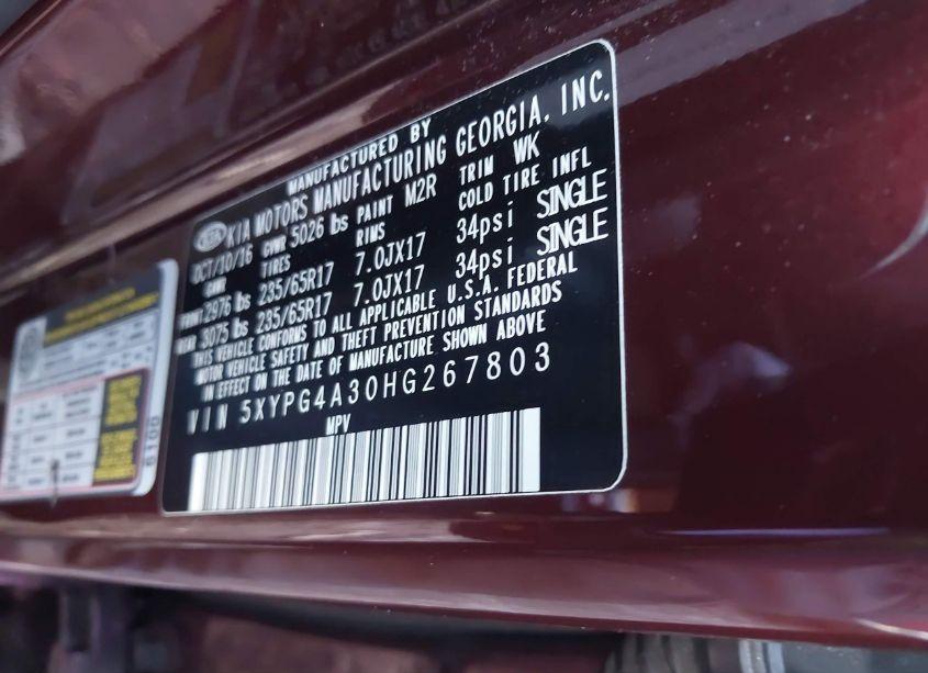 Photo 9 of 2017 Kia Sorento 2.4L LX (VIN 5XYPG4A30HG267803)