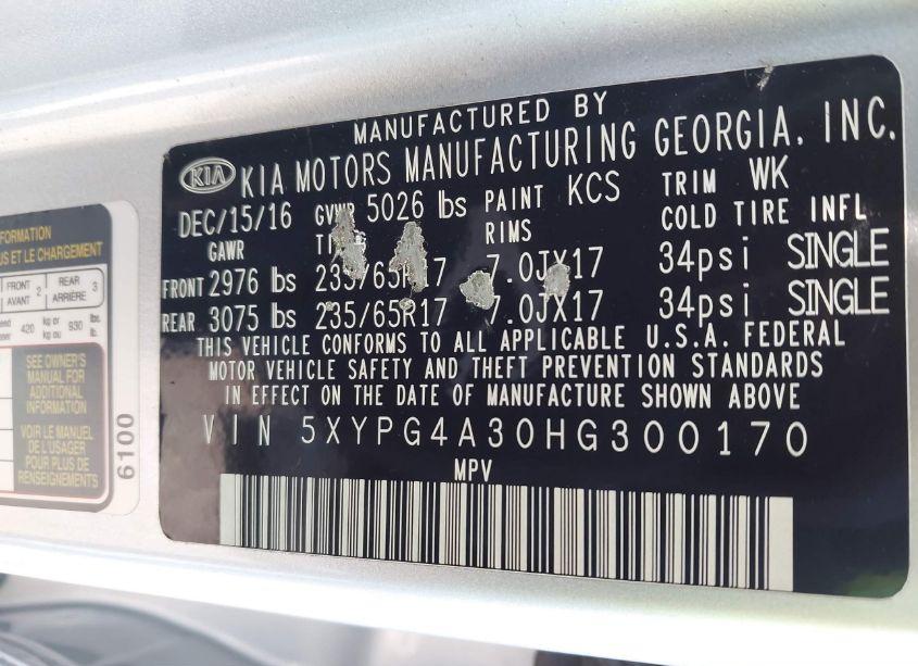 Photo 9 of 2017 Kia Sorento 2.4L L (VIN 5XYPG4A30HG300170)