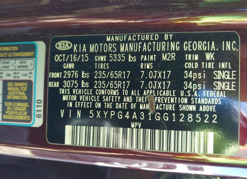 Photo 9 of 2016 Kia Sorento 2.4L LX (VIN 5XYPG4A31GG128522)