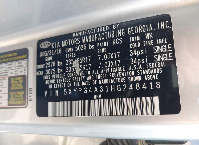 Photo 9 of 2017 Kia Sorento 2.4L LX (VIN 5XYPG4A31HG248418)