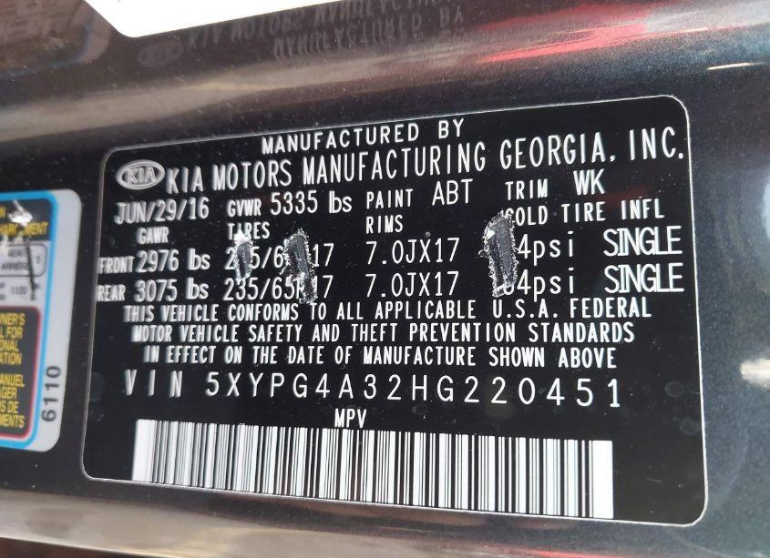 Photo 9 of 2017 Kia Sorento 2.4L LX (VIN 5XYPG4A32HG220451)