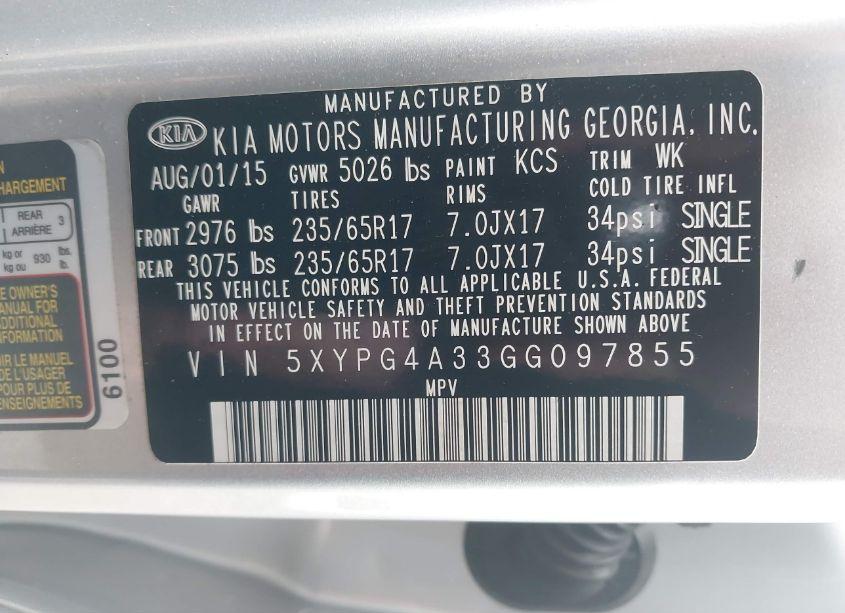 Photo 9 of 2016 Kia Sorento 2.4L LX (VIN 5XYPG4A33GG097855)