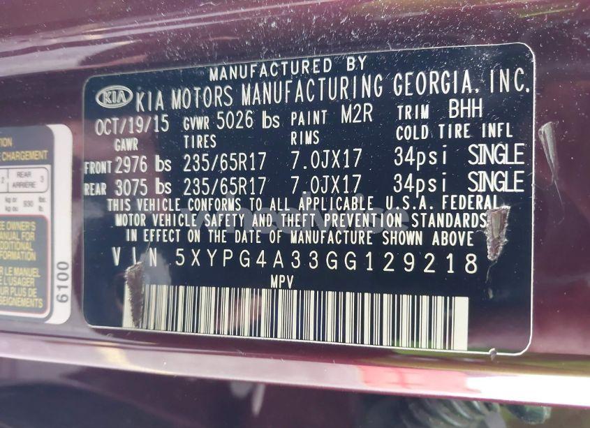 Photo 9 of 2016 Kia Sorento 2.4L LX (VIN 5XYPG4A33GG129218)