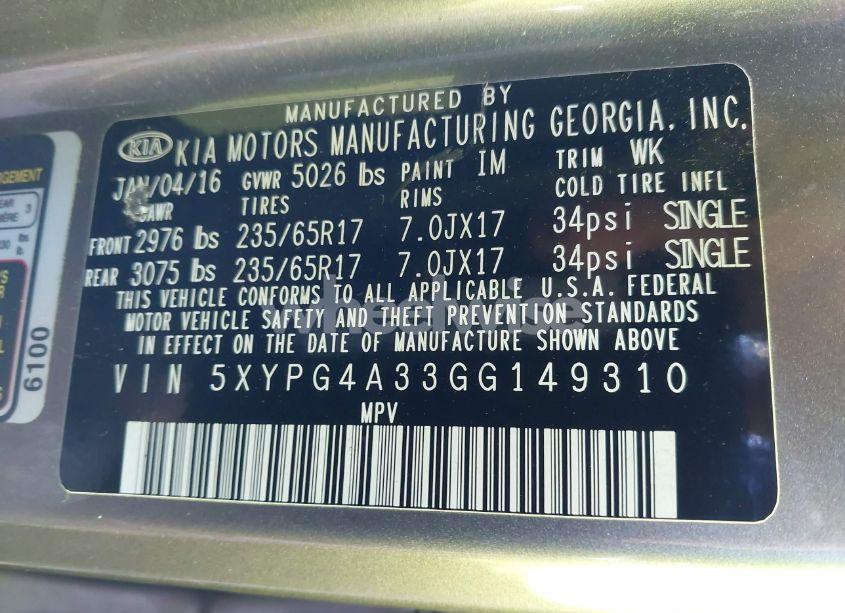 Photo 9 of 2016 Kia Sorento 2.4L L (VIN 5XYPG4A33GG149310)